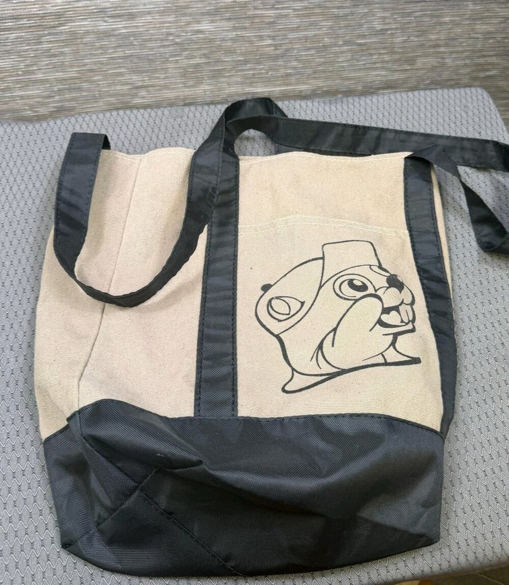 Buc-ess Tote Bag Womens M Beige Canvas Print Black Nylon Lined Shoulder Purse
